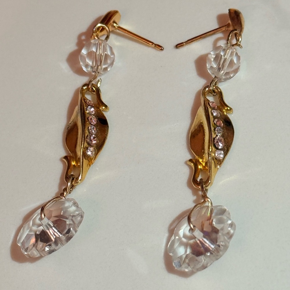Gold and Crystal Leaf Drop Earrings